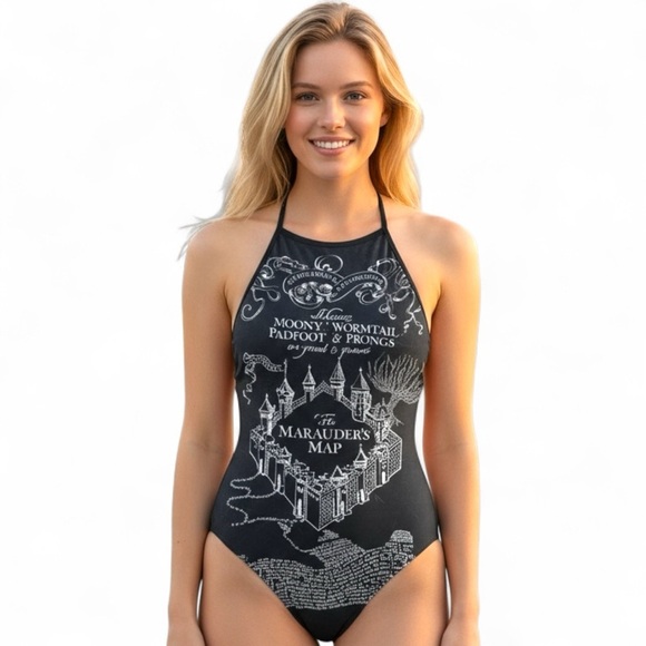 Warner Bros. Other - Harry Potter Women’s One Piece Swimsuit Medium Black Marauder’s Map Print
